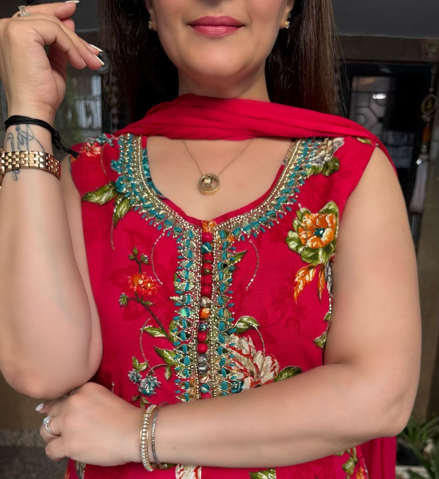SDC-4794. Printed Rayon 3 Piece Anarkali Kurti Set