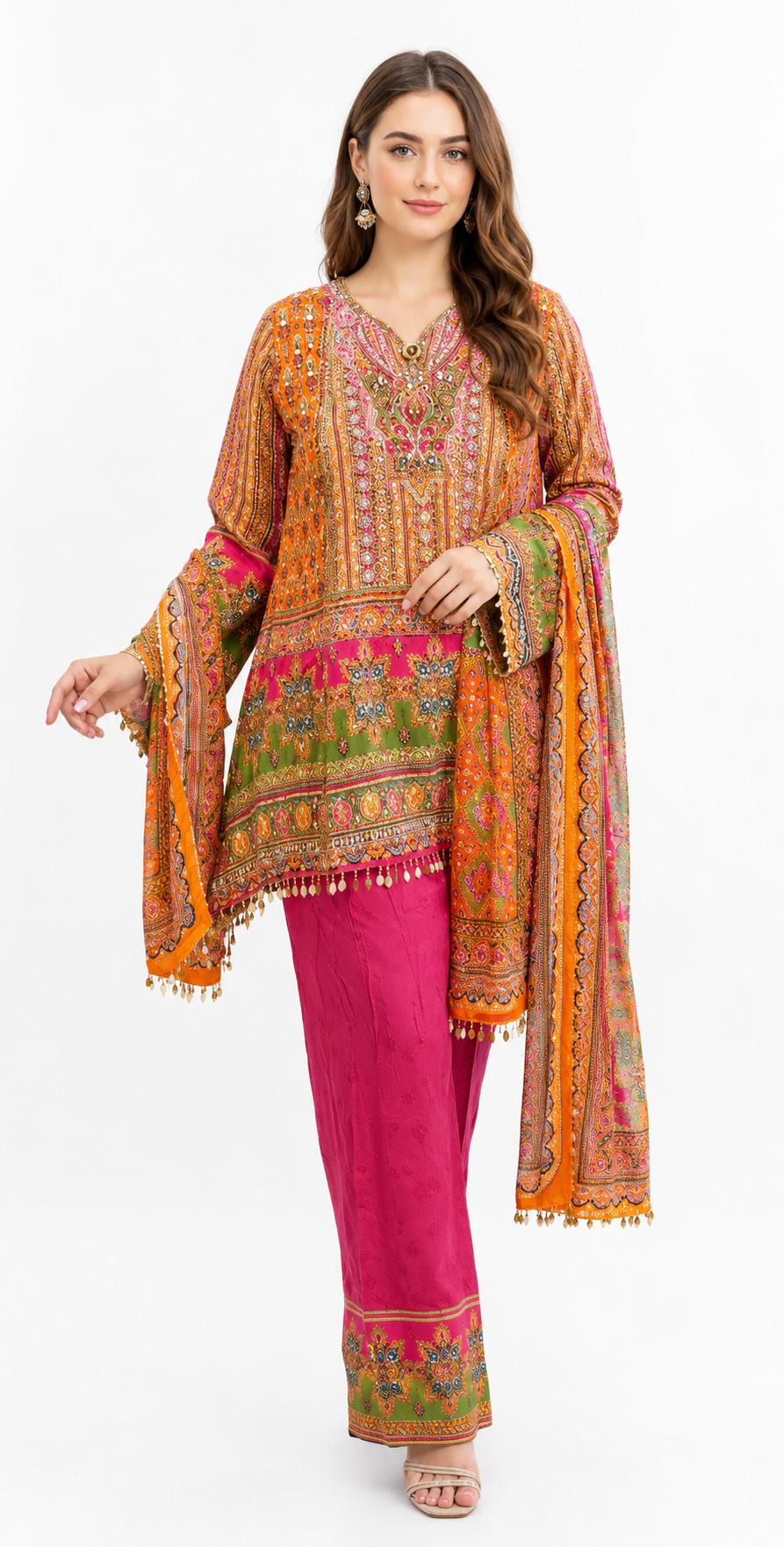 SDC-4830. Pure Printed Crepe 3 Piece Kurti with Farshi Salwar Set