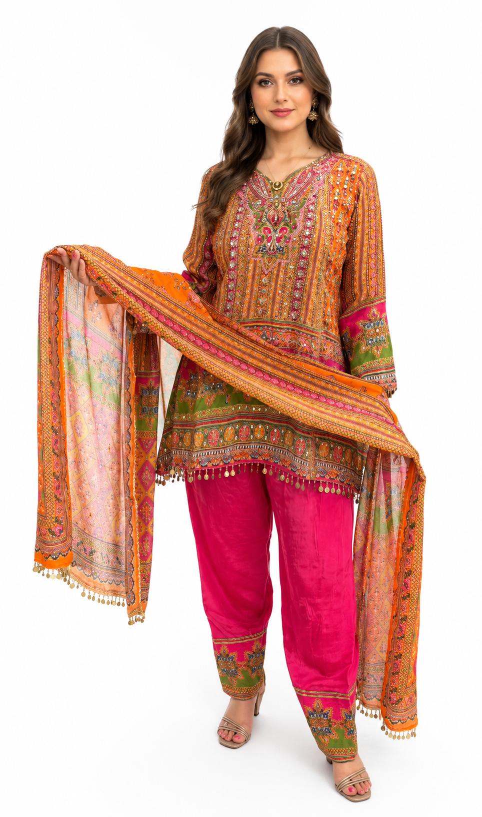 SDC-4830. Pure Printed Crepe 3 Piece Kurti with Farshi Salwar Set