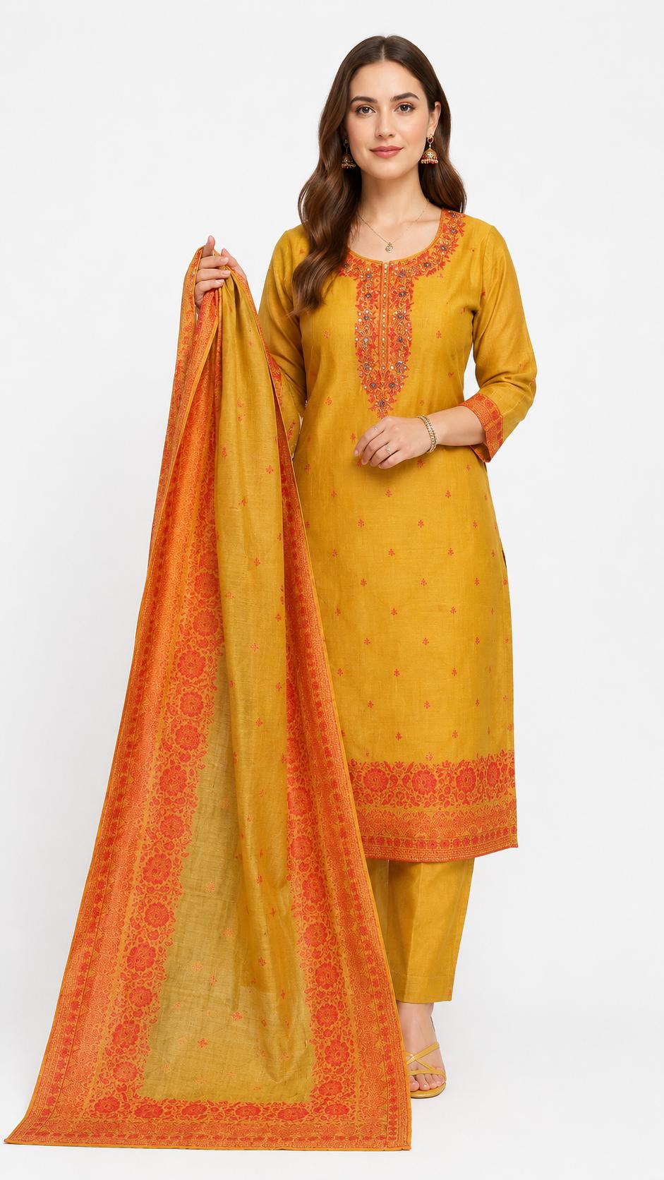 SDC-4828. Cotton Chanderi Silk 3 Piece Kurti Set