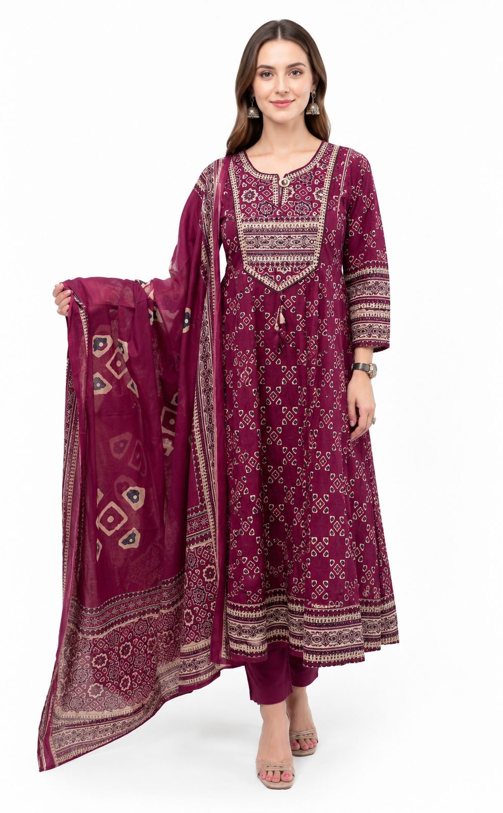 SDC-4842. Cotton 3 Piece Anarkali Flare Kurti Set