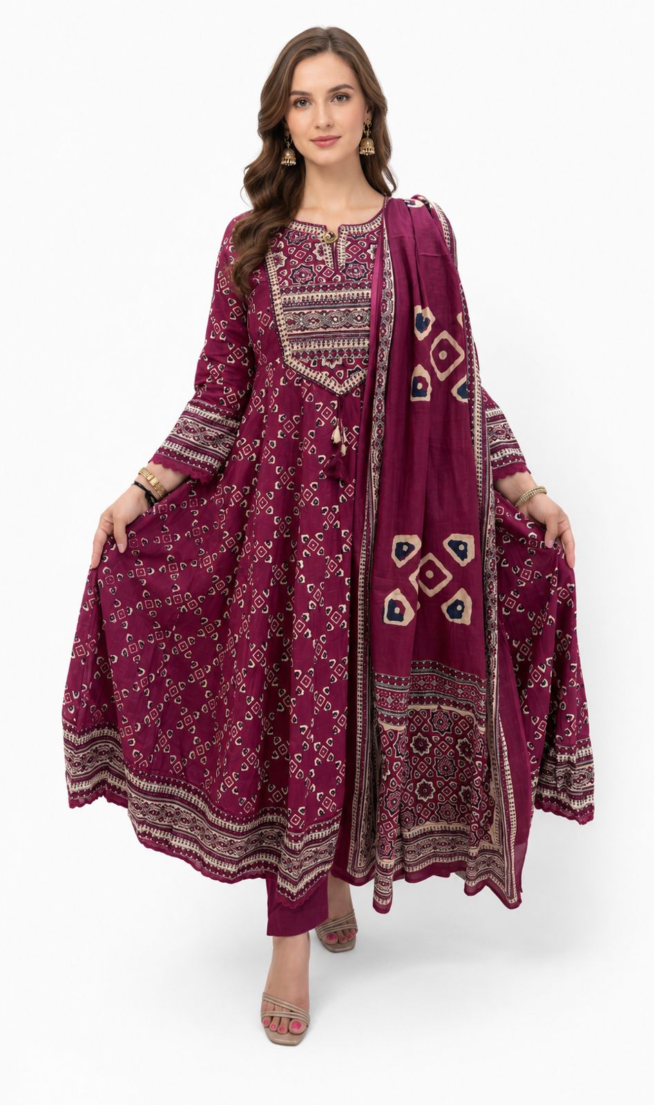 SDC-4842. Cotton 3 Piece Anarkali Flare Kurti Set