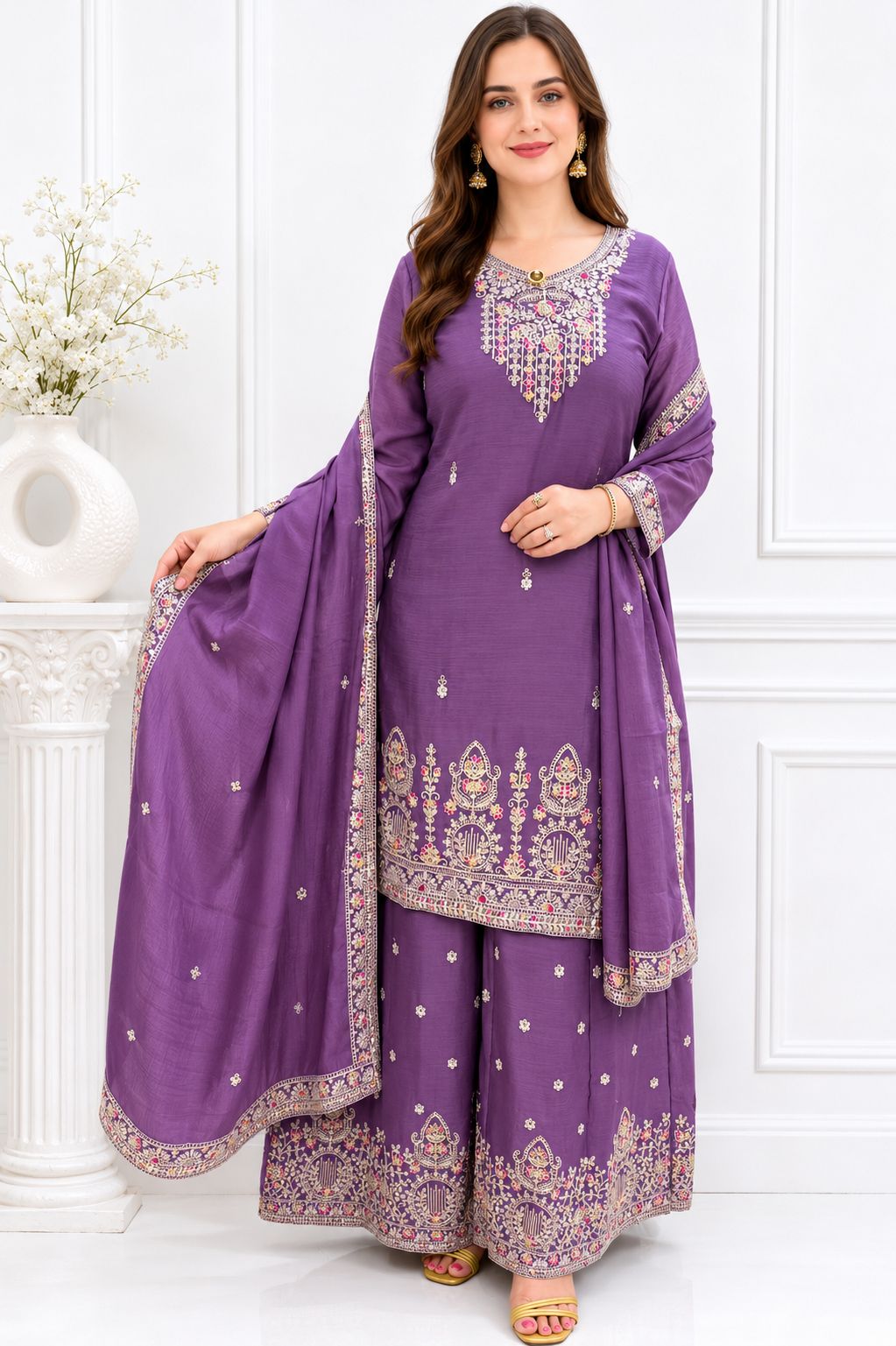 SDC-4854. Chinnon 3 Piece Full Lining Kurti Set