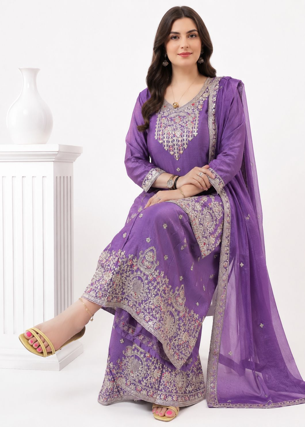 SDC-4854. Chinnon 3 Piece Full Lining Kurti Set